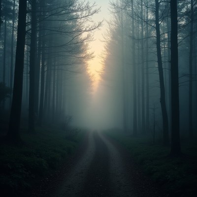 Fog surrounds a quiet forest path