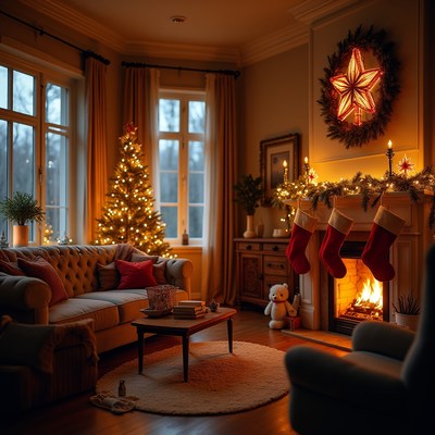 Cozy holiday living room scene with decorations