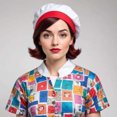 Woman in colorful chef outfit