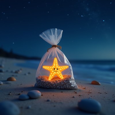 Lighted star on the beach at night