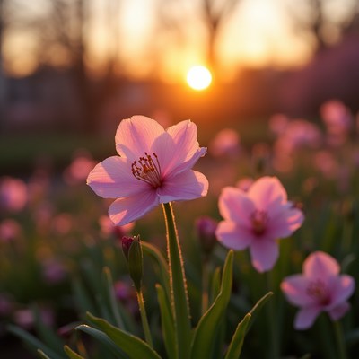 Sunset with blooming flowers in spring