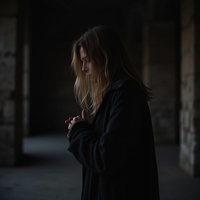 Woman in dark space thinking quietly