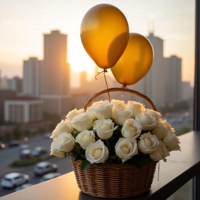 White roses and golden balloons at sunset