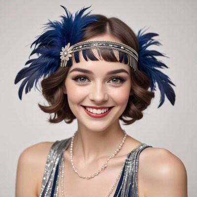Woman with blue feather headband smiling