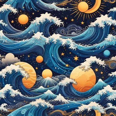 Colorful waves and celestial bodies at night