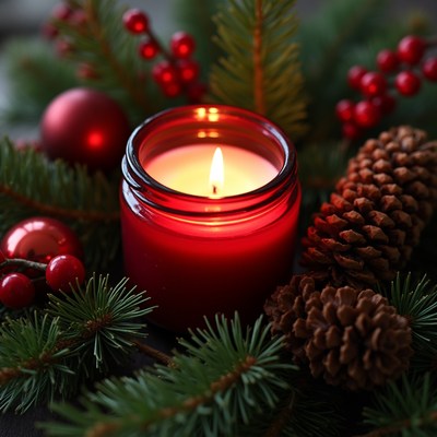 Candle decoration with pine and berries