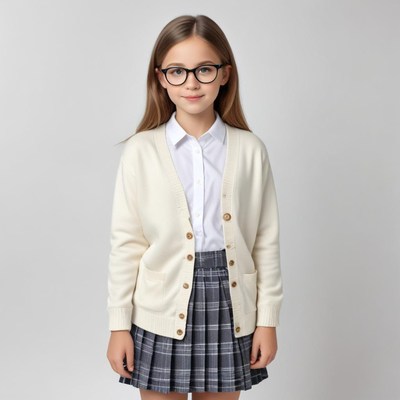 Young girl in school outfit stands still