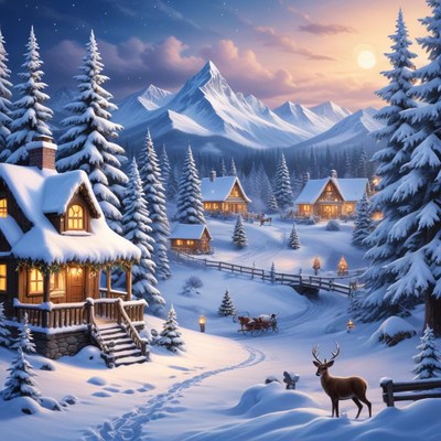 Winter scene with snow and cabins