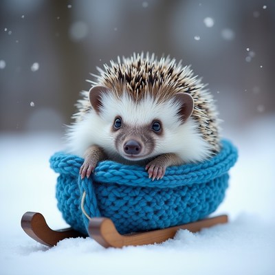 Hedgehog in a blue sled during winter