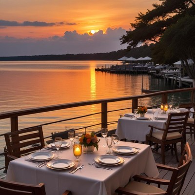 Dinner setup at lake view during sunset