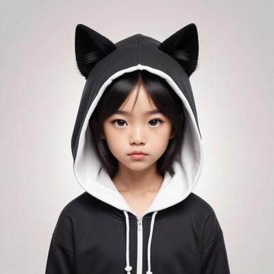 Child wearing black hoodie with cat ears