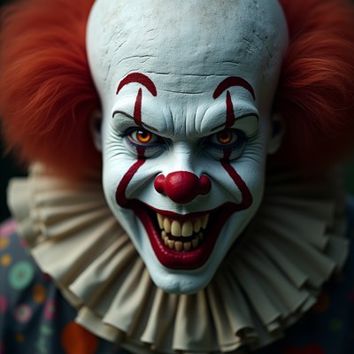 Clown with bright red hair and makeup