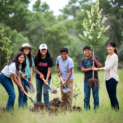 Kids planting trees with adults in a field