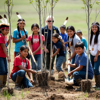 Children planting trees in a field