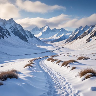 Snowy mountain valley trail