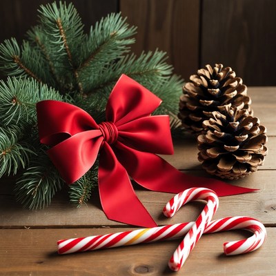Christmas decorations with red bow and candy