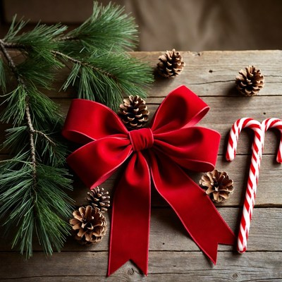 Red bow and candy canes on wood