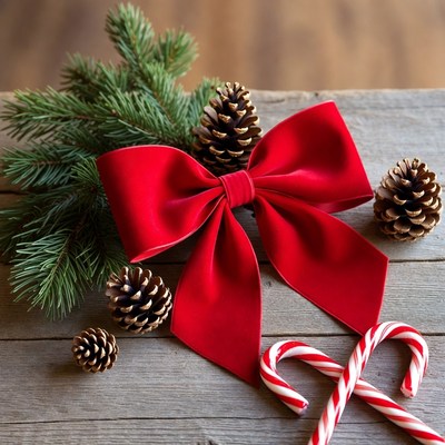 Red bow with pinecones and candy canes
