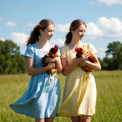 Girls holding chickens in field