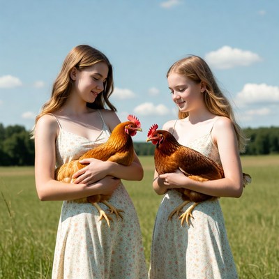 Two girls hold chickens in a field