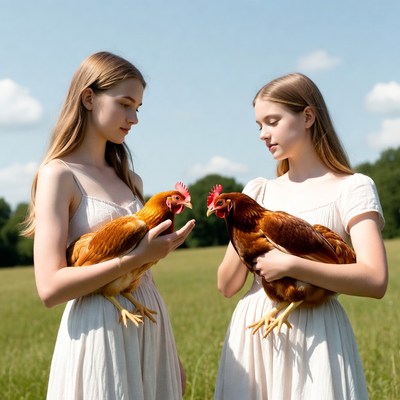 Women holding chickens in a field