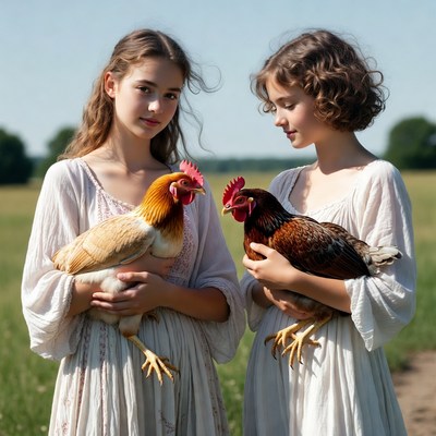 Girls holding chickens in a field