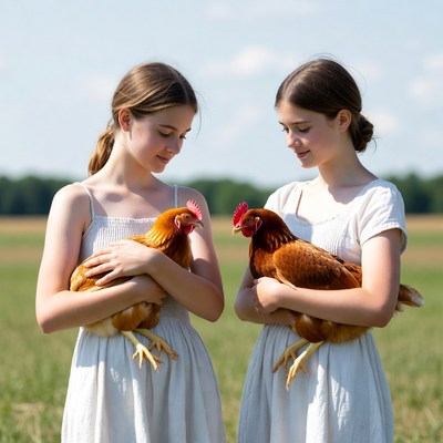 Girls holding chickens in field