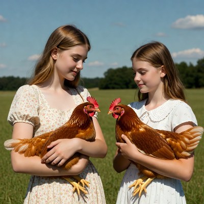 Girls hold chickens in the field