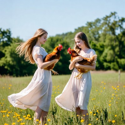 Girls hold chickens in field