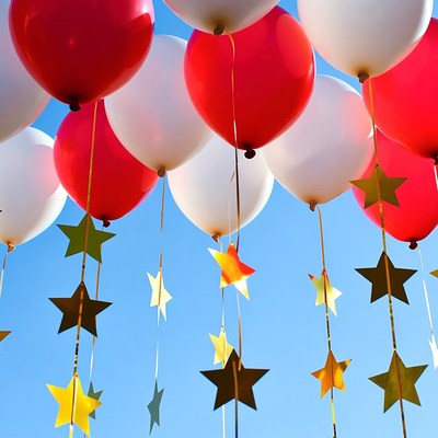 Colorful balloons and stars hanging outdoors