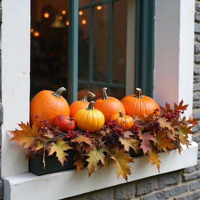 Autumn pumpkins on window sill