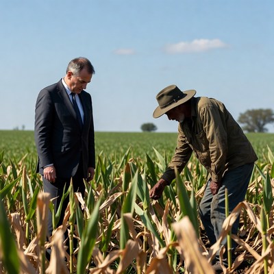 Farmer and official inspect crops in field