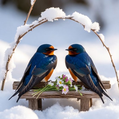 Birds in snow with flowers during winter