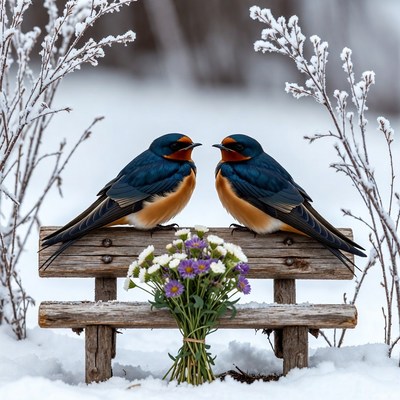 Two birds in snow with flowers