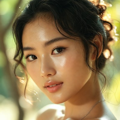 Young woman posing outdoors in sunlight