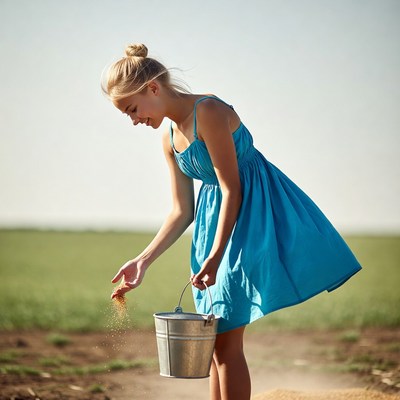 Woman sows seeds in field