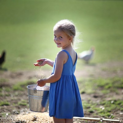 Girl feeding birds at farm
