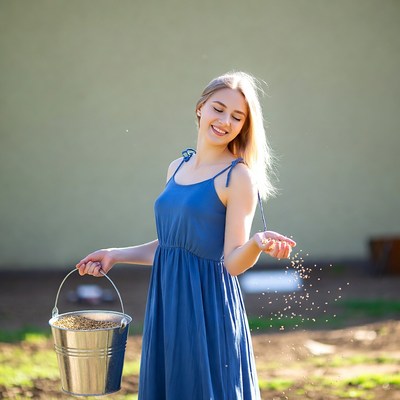 Young woman feeding birds outdoors