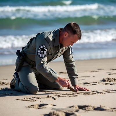 Sergeant writing in sand at beach