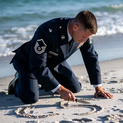 Military member draws in sand