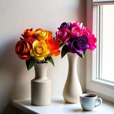 Colorful roses by the window