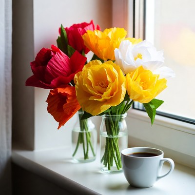 Colorful flowers and coffee on windowsill