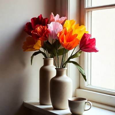 Flowers in vases on window sill