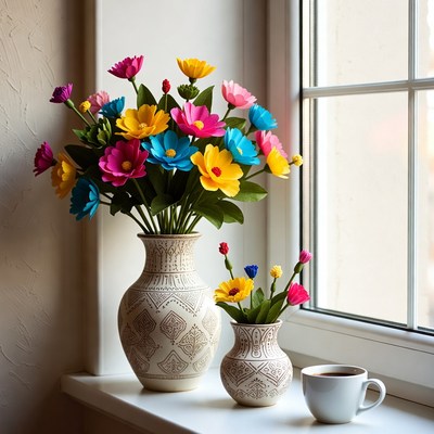 Colorful flowers and coffee by the window