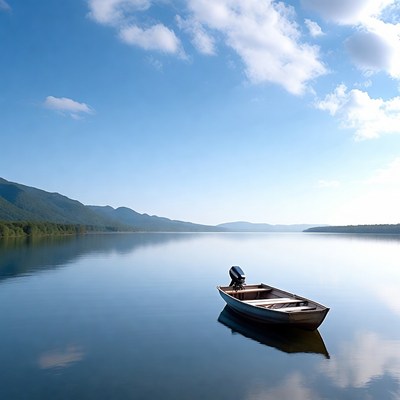 Boat on calm lake under clear sky