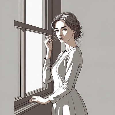 Woman by a window in gray tones
