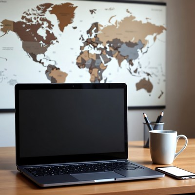 Workspace with laptop and world map