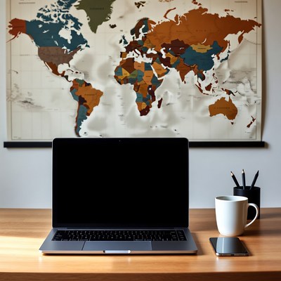 Desk setup with a world map background