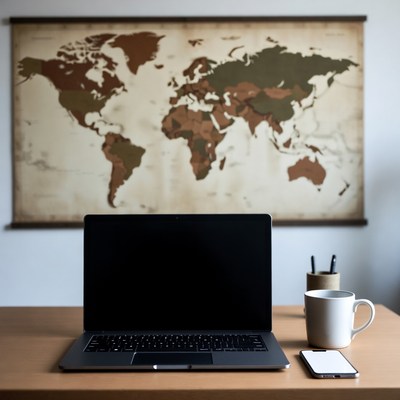 Workspace with world map and laptop