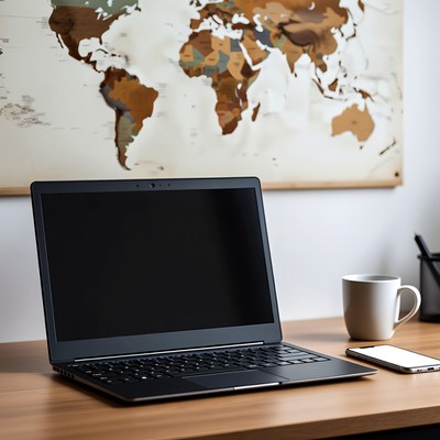 Laptop and map on desk in office space